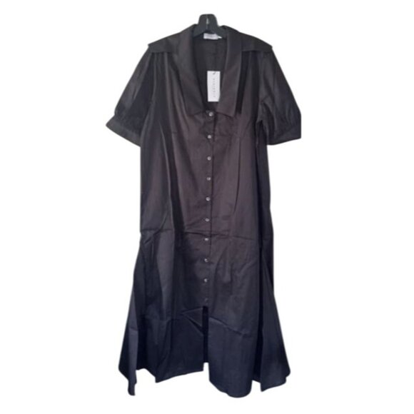 Harshman Black Vicky Dress L 100% Cotton Short Sleeve Collared Button-Down Midi - Picture 1 of 6